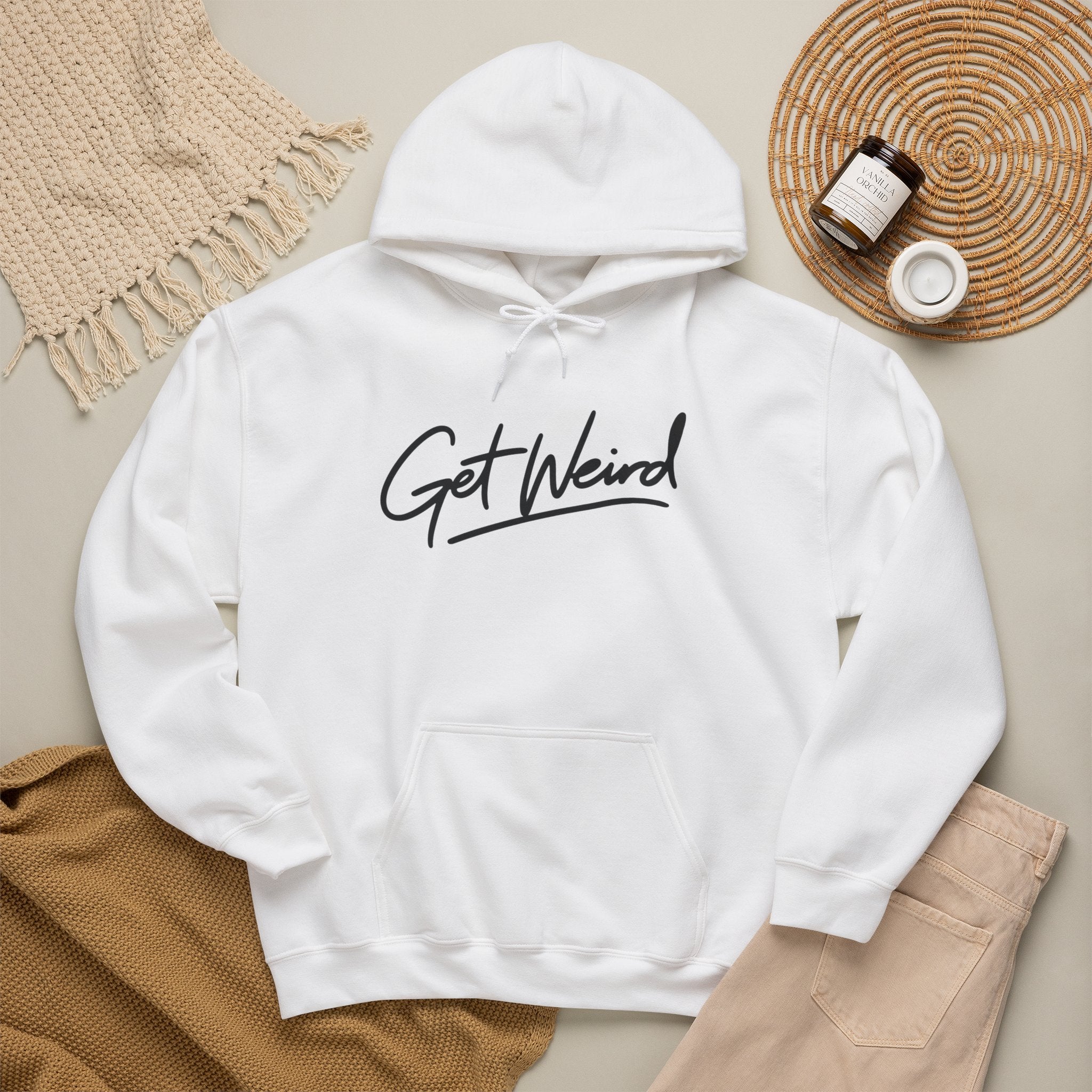Get Weird Hoodie – Casual Script Graphic Hooded Sweatshirt